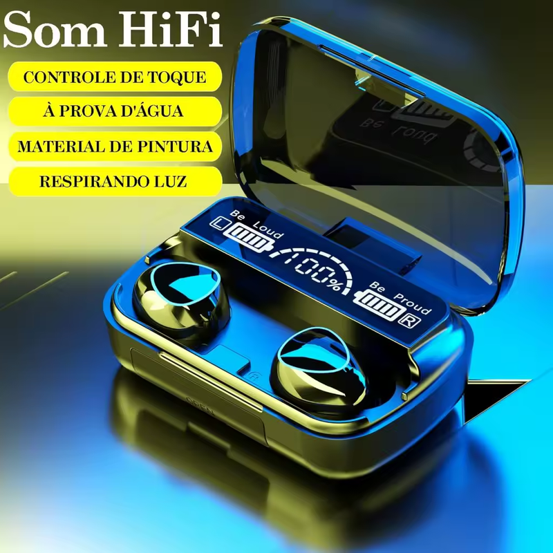 Headphone Bluetooth 5.1 M10 - Sem Fio - à Prova D'Água - Pod Carregador c/ Visor Digital