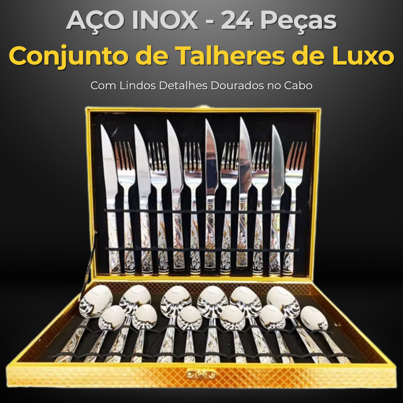 Conjunto de Talheres de Luxo em Aço Inox - 24 Peças em Caixa de Madeira