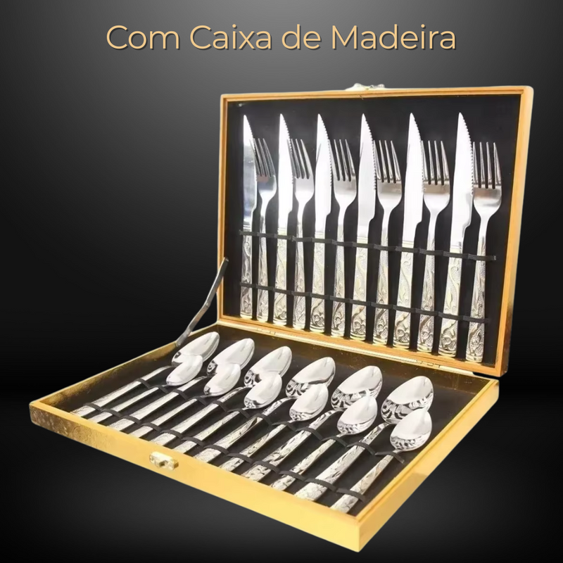 Conjunto de Talheres de Luxo em Aço Inox - 24 Peças em Caixa de Madeira