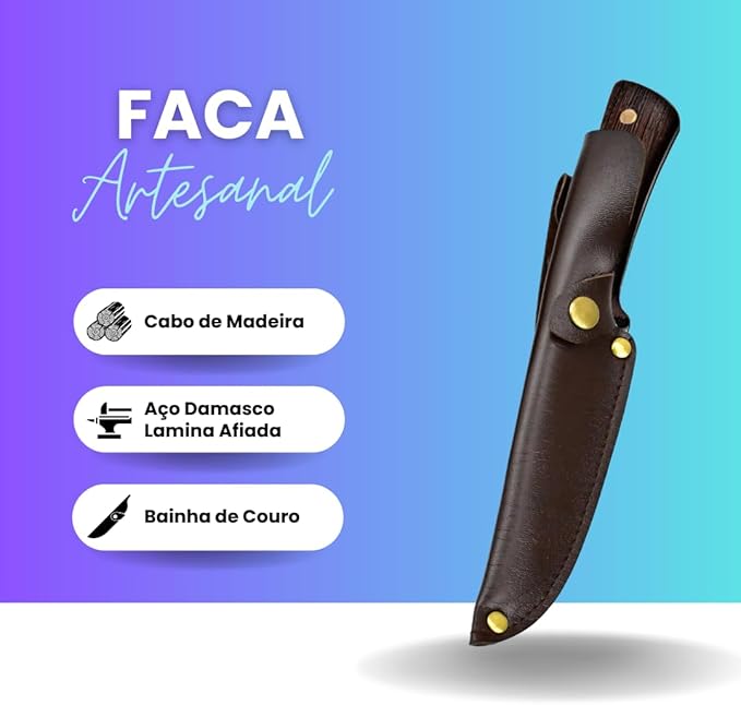 Faca Artesanal para Churrasco com Cabo em Madeira Premium e Bainha de Couro