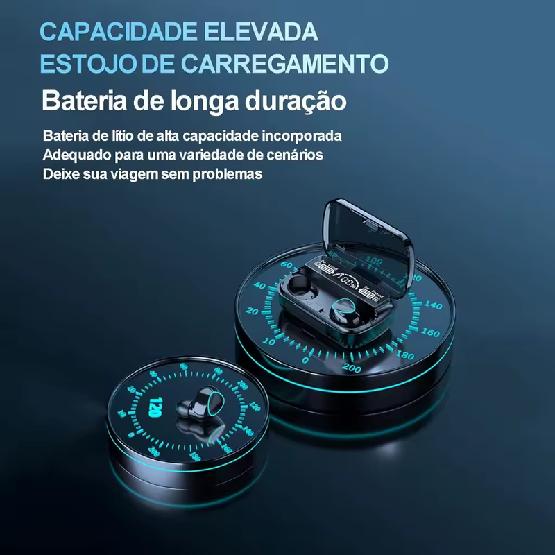 Headphone Bluetooth 5.1 M10 - Sem Fio - à Prova D'Água - Pod Carregador c/ Visor Digital