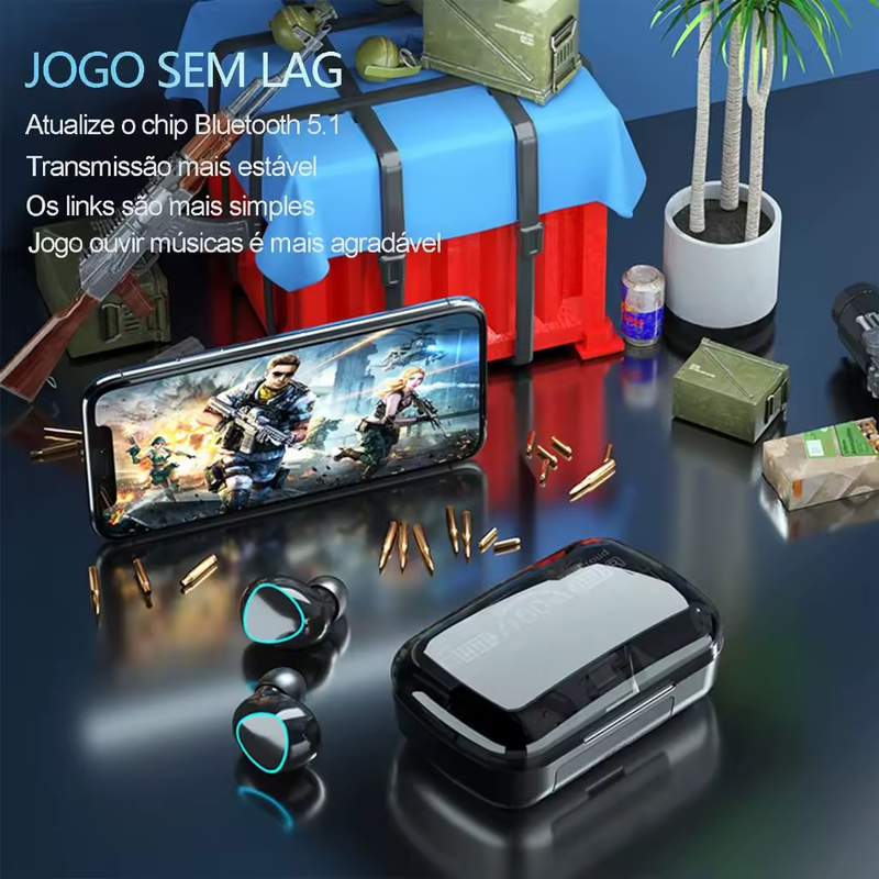 Headphone Bluetooth 5.1 M10 - Sem Fio - à Prova D'Água - Pod Carregador c/ Visor Digital