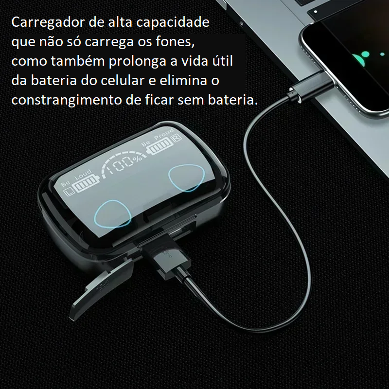 Headphone Bluetooth 5.1 M10 - Sem Fio - à Prova D'Água - Pod Carregador c/ Visor Digital